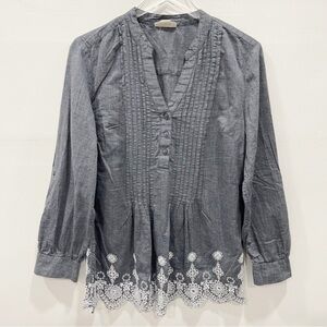 Style & Co V-Neck Pleated Chambray Lace Trim Tunic Top Cotton Medium